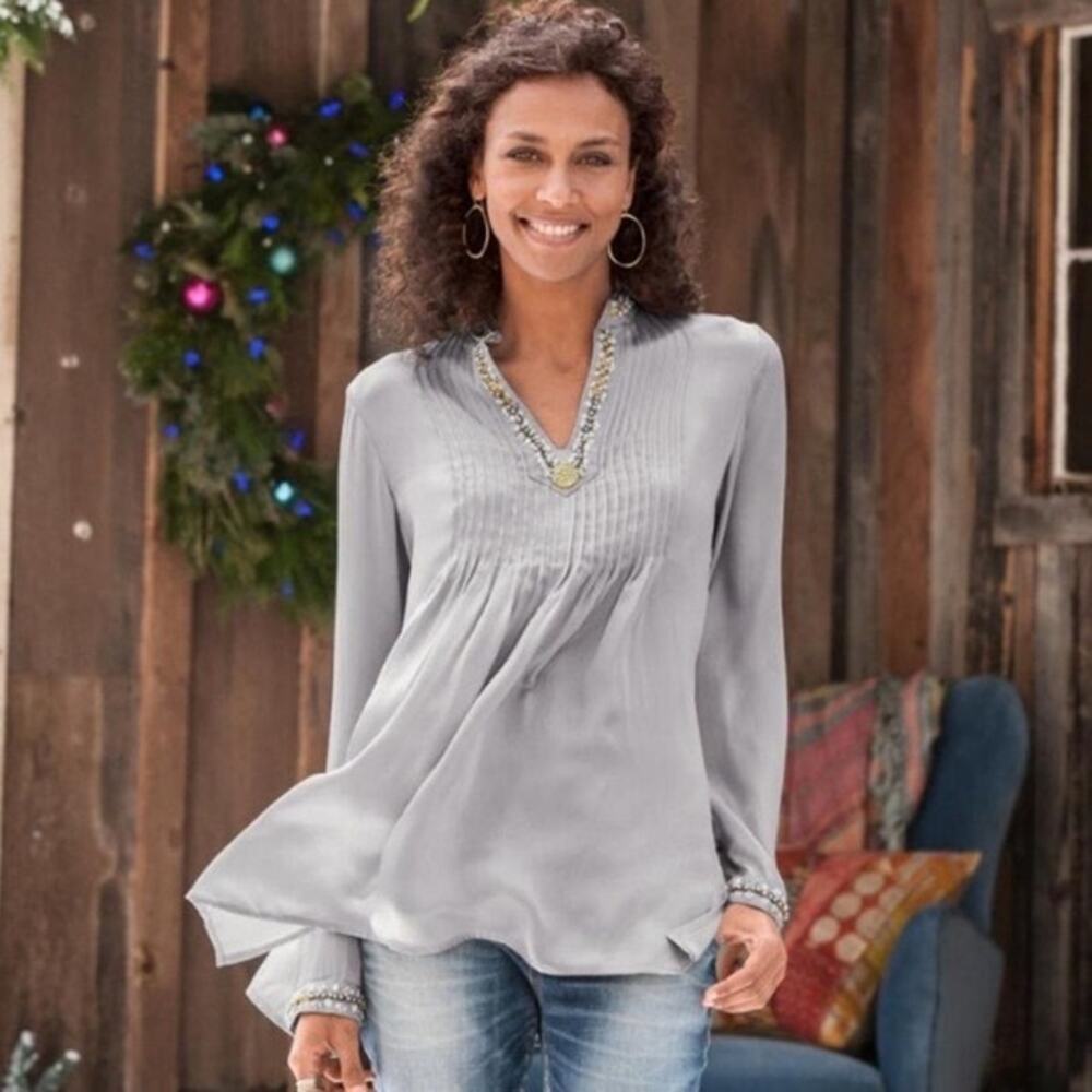 Sundance Time to Shine Silk Beaded Blouse Boho Medium Silver NWOT Holidays
